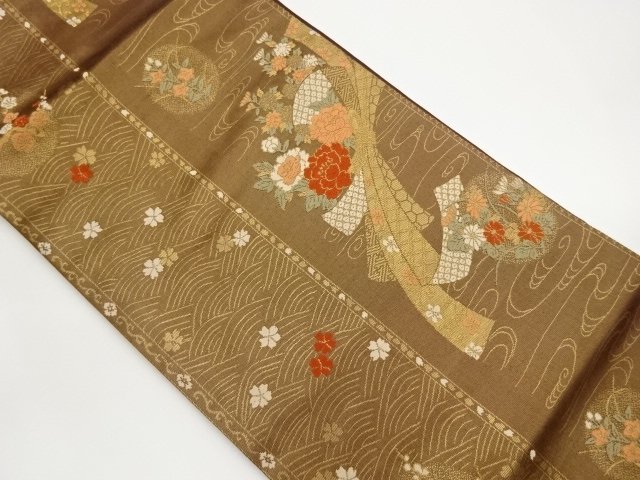 流水に束ね熨斗・花々模様織出し名古屋帯